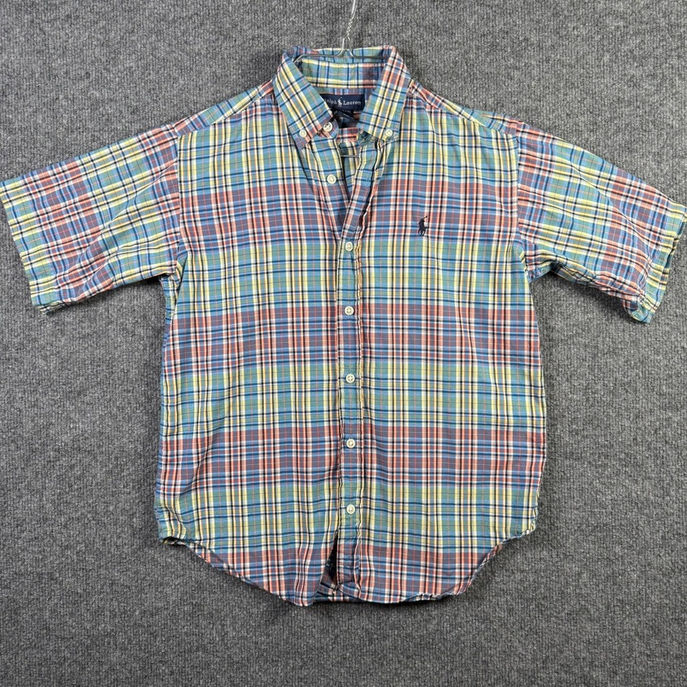Ralph Lauren Plaid Button Down Boys Size M 12-14 Multi Color Short Sleeve Pony